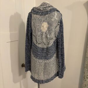Tribal Jeans size Medium Blue Floral Knit Boho Hippie Circle Open Front Cardigan